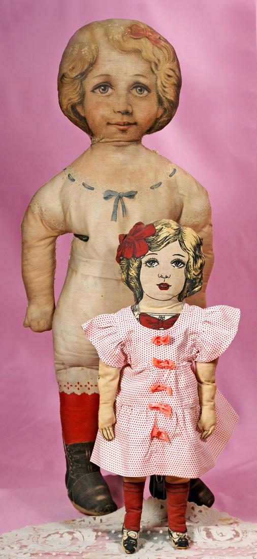 238. TWO CLOTH DOLLS. 25” lithographed muslin doll: 238. TWO CLOTH DOLLS. 25” lithographed muslin doll with brown hair, eyelet trimmed body suit, red stockings and black boots; 16” cloth doll with printed features and costume, newer polka dot dress
