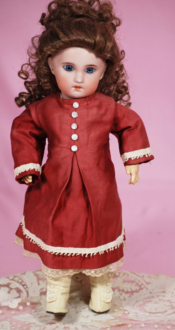 245. FRENCH BISQUE JUMEAU BEBE 1907. 14”. Bisque: 245. FRENCH BISQUE JUMEAU BEBE 1907. 14”. Bisque socket head, blue paperweight eyes, painted lashes, feathered brows, pierced ears, open mouth, accented lips, upper teeth, synthetic wig, French wood