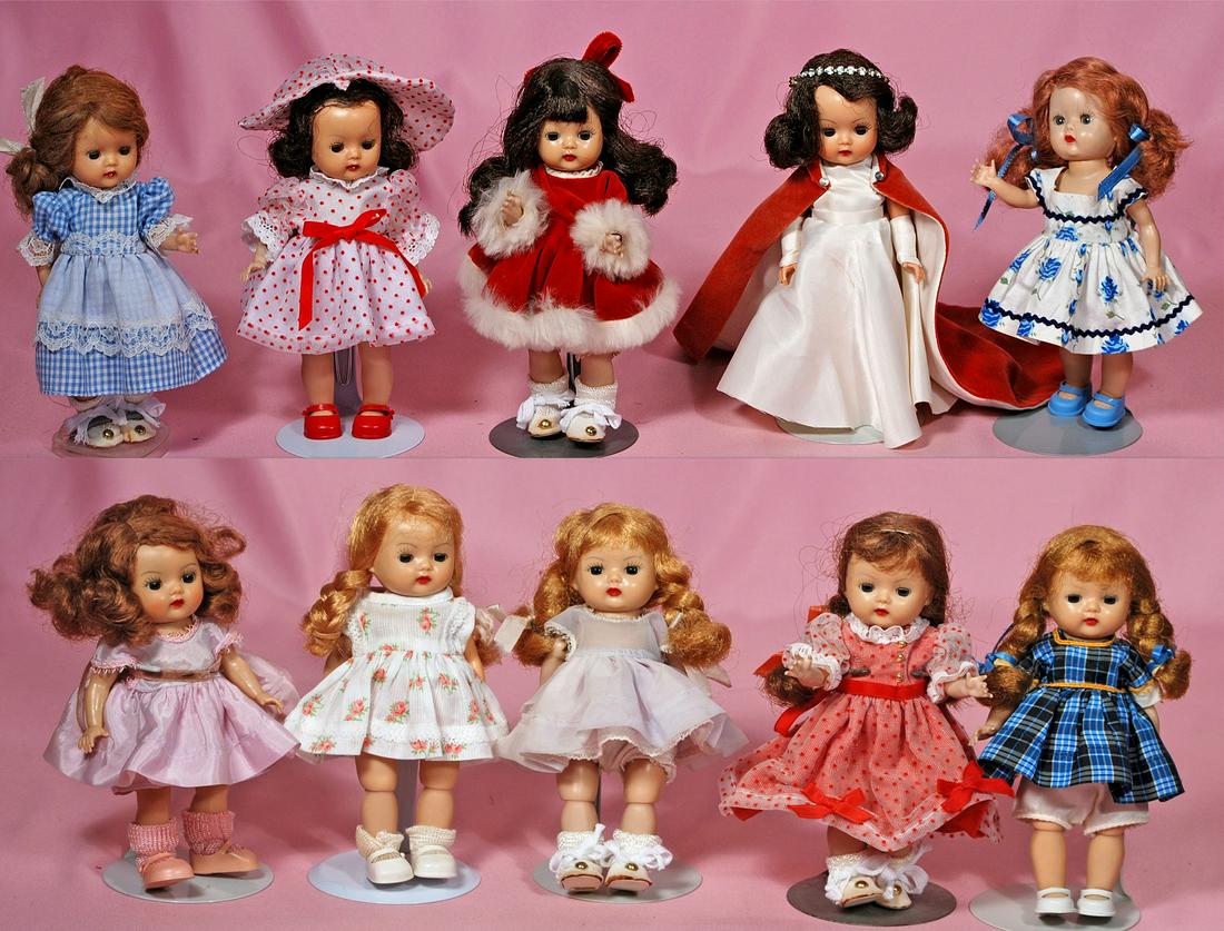 284. TEN ASSORTED MUFFIE HARD PLASTIC DOLLS. Fair to: 284. TEN ASSORTED MUFFIE HARD PLASTIC DOLLS. Fair to good condition.