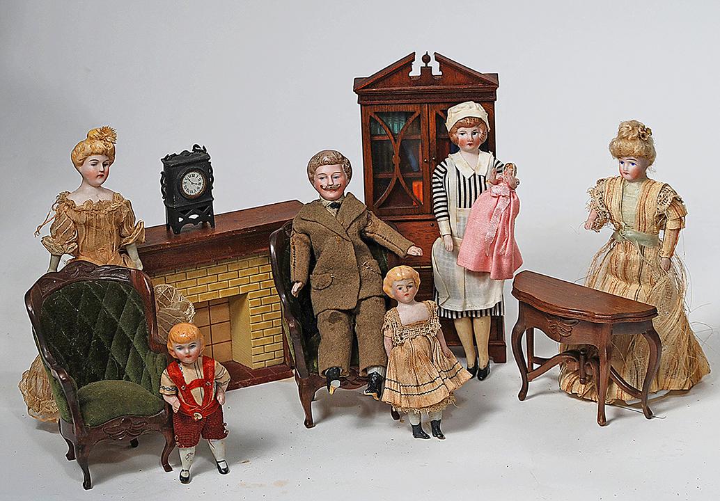 FAMILY OF SIX DOLLHOUSE DOLLS & FURNISHINGS Doll sizes: FAMILY OF SIX DOLLHOUSE DOLLS & FURNISHINGS Doll sizes 33/4" to 6 1/2" Five are German bisque shoulderhead doll with muslin body, bisque lower limbs, painted shoes or boots; lady with blonde mohair wi
