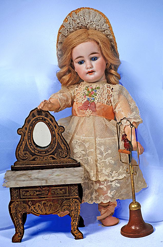 BEIDERMEIER DOLLHOUSE FURNITURE Includes: Washstand: BEIDERMEIER DOLLHOUSE FURNITURE Includes: Washstand with boulle styling, dark walnut finish, featuring an oval mirror and marble top, elaborate gold stenciling, 5 1/4" H x 3 1/4" W; Metal stand with g