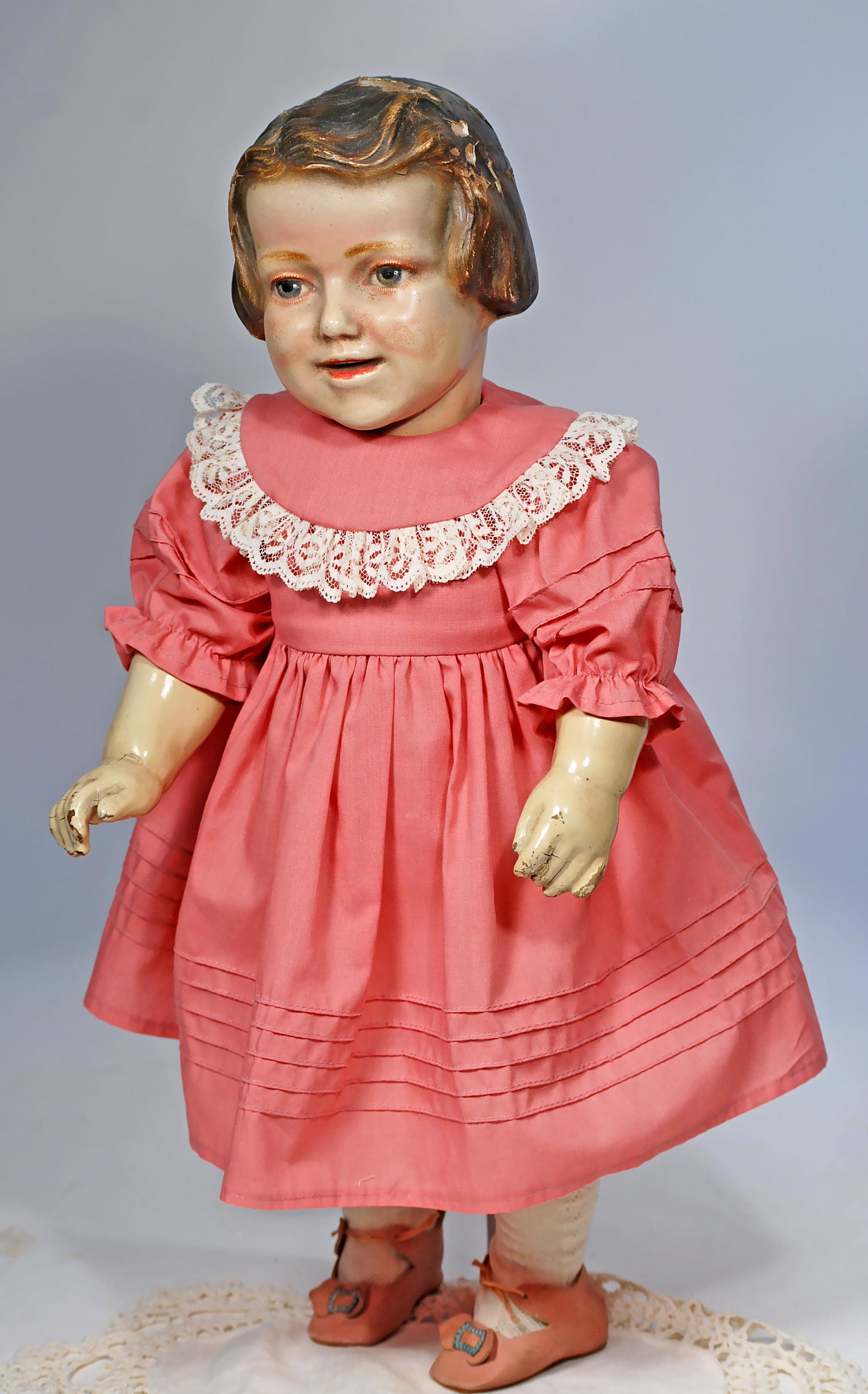 LARGE AMERICAN COMPOSITION CHARACTER DOLL BY JESSIE MC: LARGE AMERICAN COMPOSITION CHARACTER DOLL BY JESSIE MC CUTCHEON RALEIGH 19" Composition socket head with sculpted short bobbed hair, sideparted with painted barrette, painted features, blue eyes, open