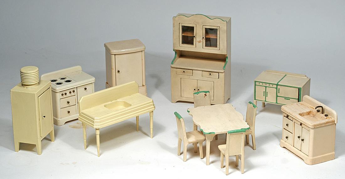 LARGE LOT OF DOLLHOUSE FURNISHINGS Includes: Wooden: LARGE LOT OF DOLLHOUSE FURNISHINGS Includes: Wooden kitchen furnishings, two upholstered sofas, two Tynietoy chairs, assorted chests and desk; vintage and contemporary Good condition