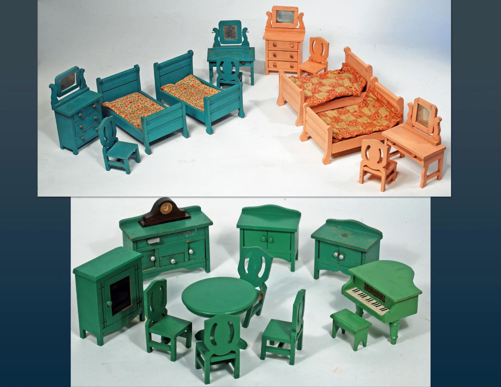 LARGE GROUP OF SCHOENHUT DOLLHOUSE FURNITURE Includes:: LARGE GROUP OF SCHOENHUT DOLLHOUSE FURNITURE Includes: Two bedroom sets featuring twin beds with mattresses, dressing table, chests, chairs; dining room comprised of table and chairs, piano with bench