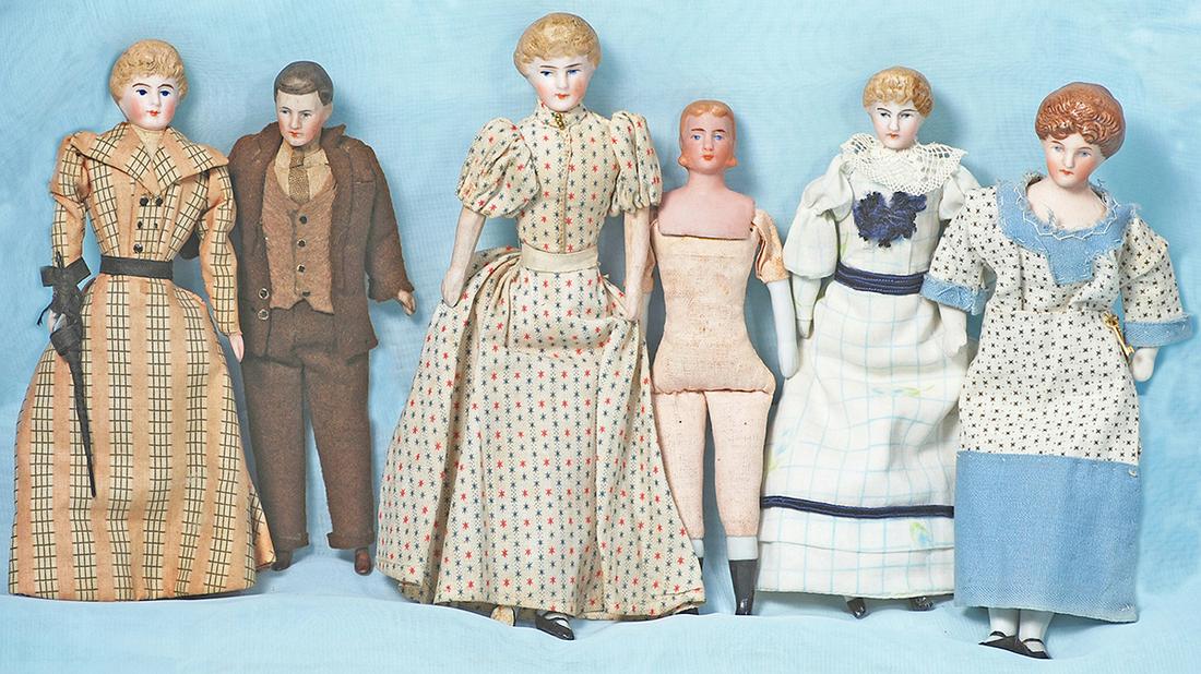 TWELVE GERMAN BISQUE DOLLHOUSE DOLLS: TWELVE GERMAN BISQUE DOLLHOUSE DOLLS. 4” to 6 ½”. Each is bisque shoulderhead, muslin body with bisque lower arms and legs, painted shoes or boots; eight with sculpted hair, three with wigs, one 