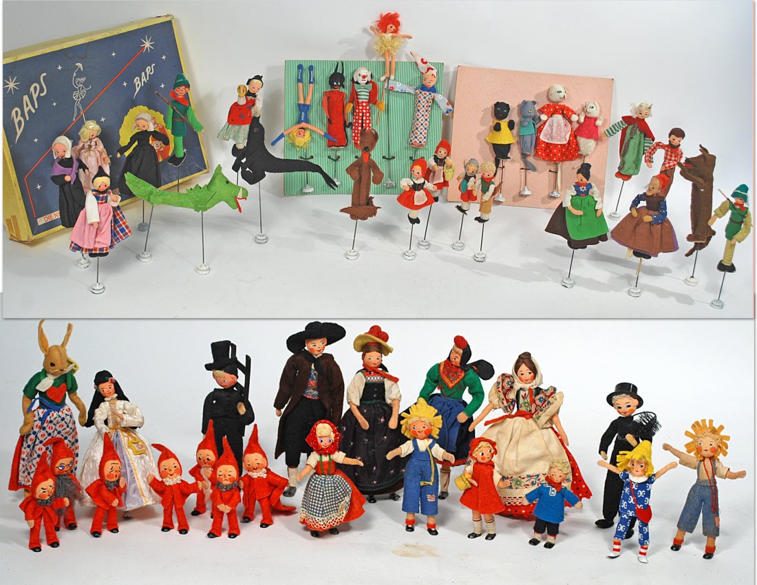 LARGE COLLECTION \"BAPS\" FELT PUPPET & STORYBOOK DOLLS: VINTAGE COLLECTION OF “BAPS” MINIATURE FELT PUPPET DOLLS & STORYBOOK CHARACTER DOLLS. By Frau Edith Von Arps; Germany. Twenty-eight assorted puppet dolls and animals including circus performers an