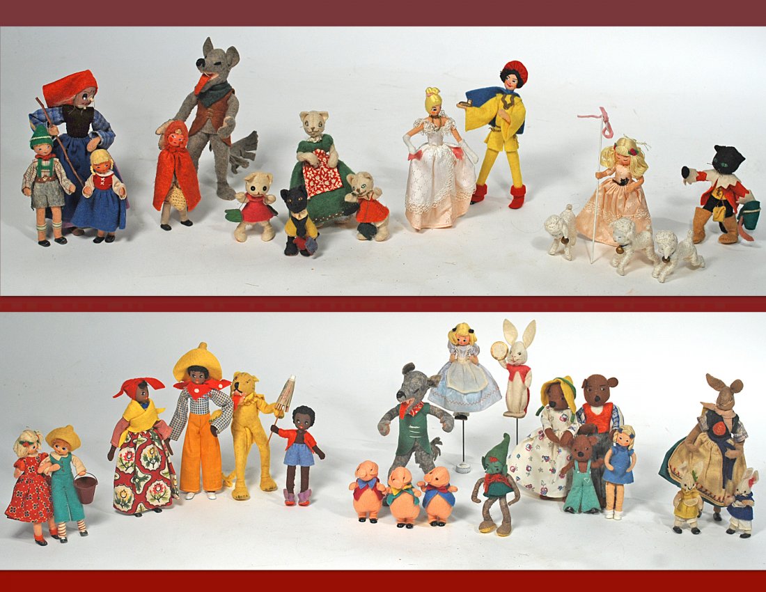 LARGE COLLECTION "BAPS" MINIATURE STORYBOOK DOLLS: 245-A. LARGE COLLECTION OF VINTAGE FAIRY TALE MINIATURE DOLLS KNOWN AS“BAPS. By Frau Edith Von Arps; Germany. Felt miniature storybook character dolls in original costumes. Comprised of ten sets of