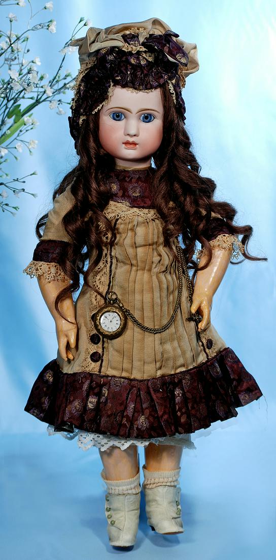 LUSCIOUS FRENCH BISQUE BEBE BY JULES STEINER. Marks:: LUSCIOUS FRENCH BISQUE BEBE BY JULES STEINER. Marks: A -17 Paris (incised), Le Parisien. 24". Bisque socket head, blue paperweight eyes, painted lashes, rose-blushed eyelids, widely-arched and feather