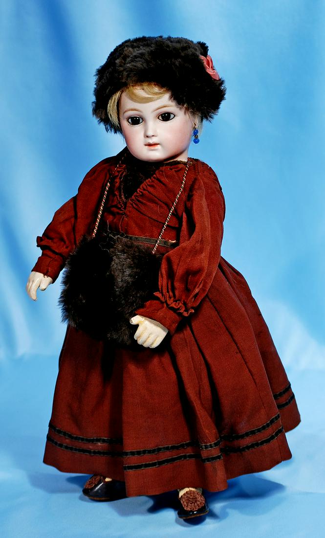 GORGEOUS, EARLY FRENCH BISQUE PORTRAIT BEBE BY EMILE: GORGEOUS, EARLY FRENCH BISQUE PORTRAIT BEBE BY EMILE JUMEAU. Marks: 5. 16". Bisque socket head with pale bisque, almond-shaped brown paperweight eyes, dark eyeliner, painted lashes, rose-blushed eye s