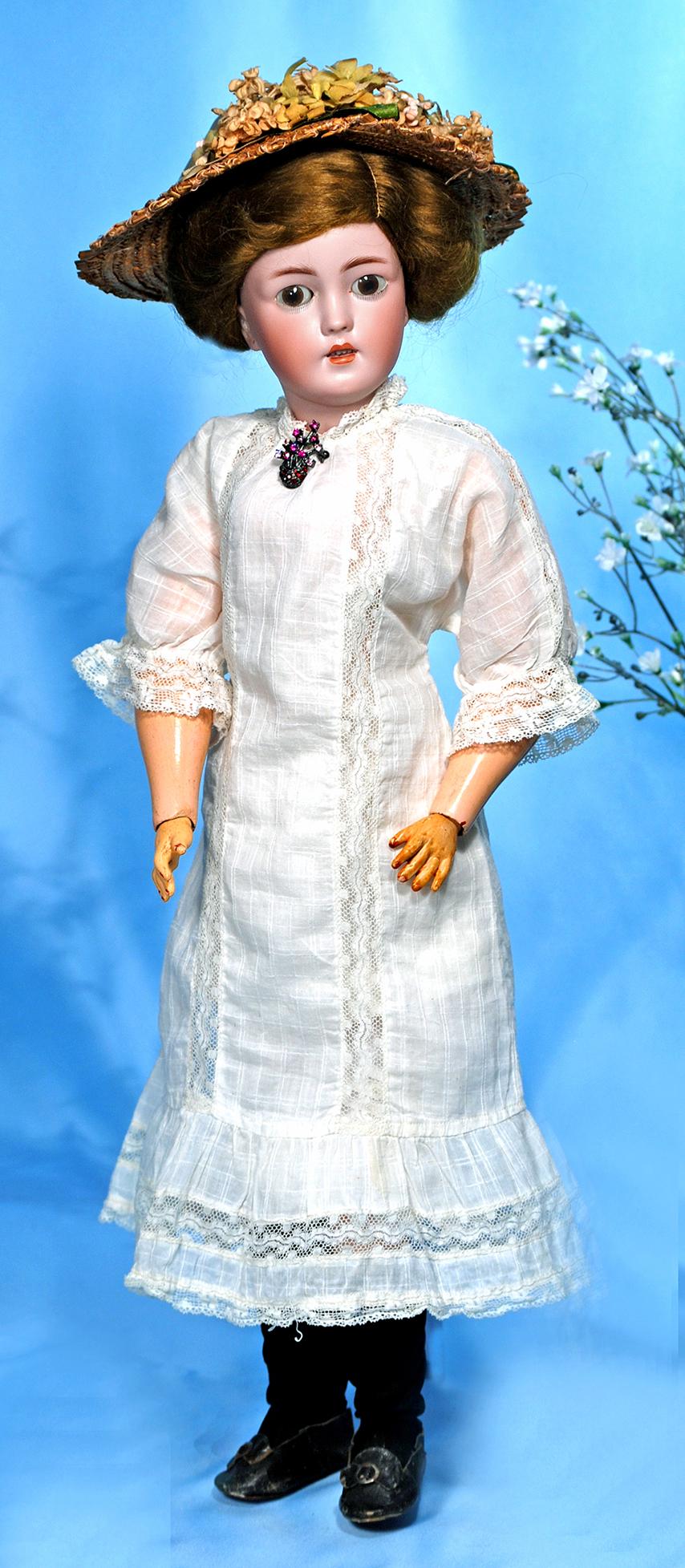 GERMAN BISQUE, EDWARDIAN LADY DOLL, 1159, BY SIMON &: GERMAN BISQUE, EDWARDIAN LADY DOLL, 1159, BY SIMON & HALBIG. Marks: 1159 Simon & Halbig 8. 21". Bisque socket head, brown sleep eyes, painted lower lashes, feathered brows, pierced ears, open mouth, s