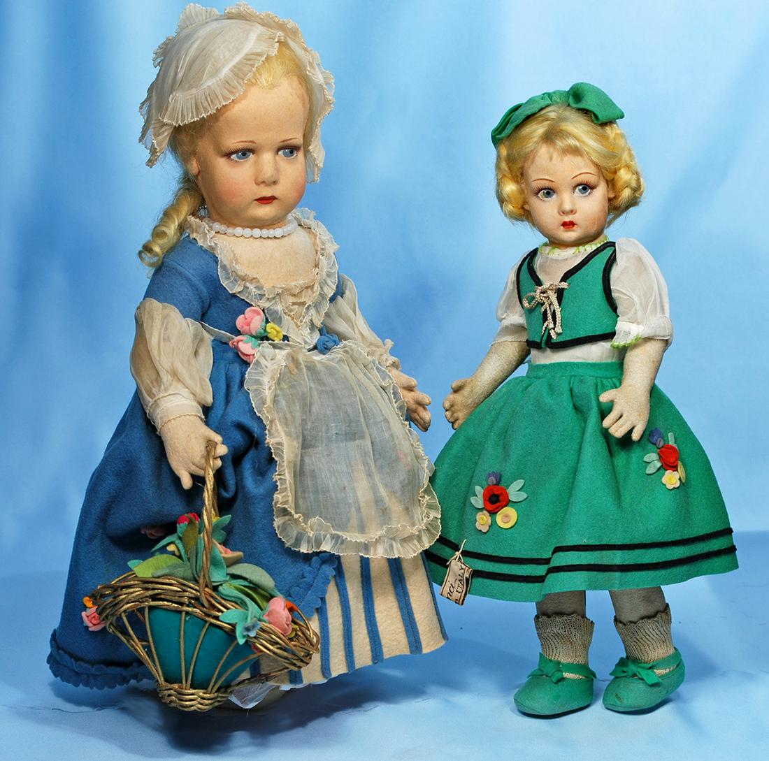 LENCI, ALL-ORIGINAL DOLL WITH LUCIA FACE. Marks: Lenci: LENCI, ALL-ORIGINAL DOLL WITH LUCIA FACE. Marks: Lenci skirt tag. 14". Pressed felt swivel head on jointed felt body, painted features, blue side-glancing eyes, painted brown lashes, eyeliner and arch