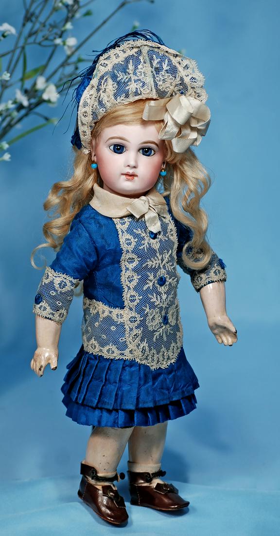 VERY BEAUTIFUL E. J. JUMEAU BEBE, SIZE 4. Marks:: VERY BEAUTIFUL E. J. JUMEAU BEBE, SIZE 4. Marks: Depose E. 4. J. 13". Bisque socket head, large blue paperweight eyes, eyeliner, painted lashes, feathered and brushstroked brows, pierced ears, closed 