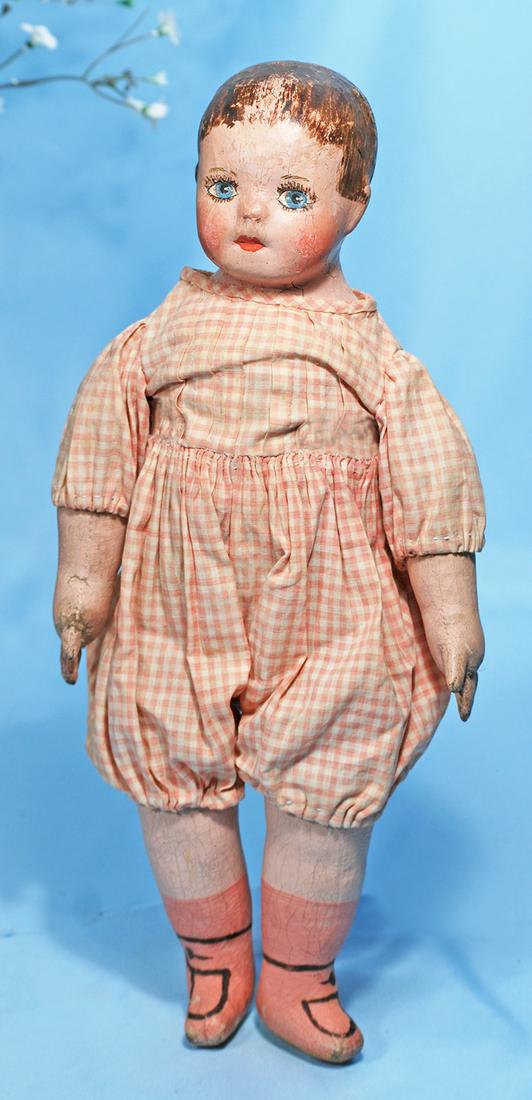 AMERICAN CLOTH "ALABAMA BABY WITH PINK BOOTS" BY ELLA: AMERICAN CLOTH "ALABAMA BABY WITH PINK BOOTS" BY ELLA SMITH. 14 ½". All-cloth doll with oil painted facial features and brown hair, outlined blue eyes with thick upper and lower eye lashes, ros