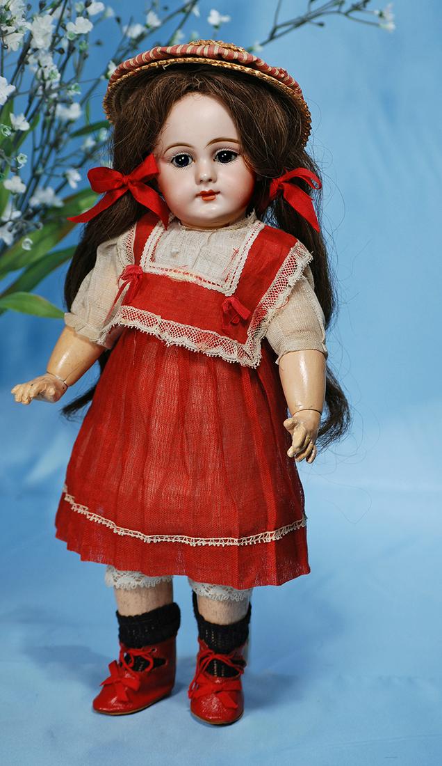 FRENCH BISQUE "DEP" CLOSED-MOUTH BEBE BY JUMEAU.: FRENCH BISQUE "DEP" CLOSED-MOUTH BEBE BY JUMEAU. Marks: dep 5. 15". Bisque socket head, deep blue paperweight eyes, painted lashes, feathered brows, closed mouth, shaded and accented lips, pierced ear