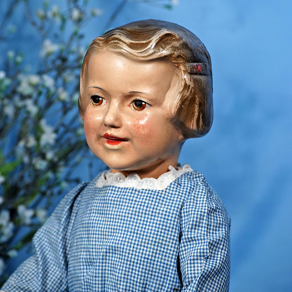 RARE AMERICAN COMPOSITION CHARACTER DOLL BY JESSIE: RARE AMERICAN COMPOSITION CHARACTER DOLL BY JESSIE MCCUTCHEON RALEIGH. 19". Composition socket head with sculpted short bobbed hair, side-parted with painted barrette, painted features, brown eyes, pa