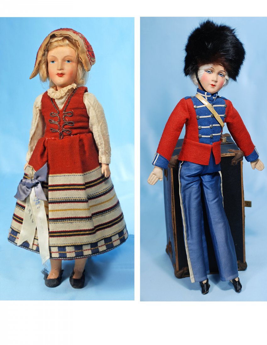 FRENCH PAPIER MACHE DOLL & SALON TYPE DOLL: 279. TWO DOLLS: FRENCH PAPIER MACHE DOLL IN REGIONAL COSTUME & SALON-TYPE DOLL AS FRENCH ROYAL GUARD. (1) 16”. Papier mache swivel head, painted blue eyes, arched brows, closed mouth, original blond