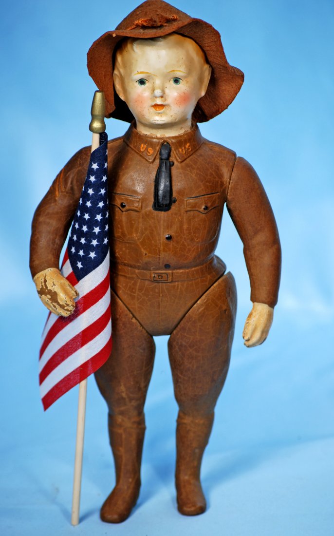 AMERICAN COMPOSITION WORLD WAR 1 "LIBERTY BOY" SOLDIER: AMERICAN COMPOSITION WORLD WAR 1 "LIBERTY BOY" SOLDIER BY IDEAL. 13". Solid composition with swivel head, sculpted hair, painted features, original five-piece body with jointed arms and legs having mo