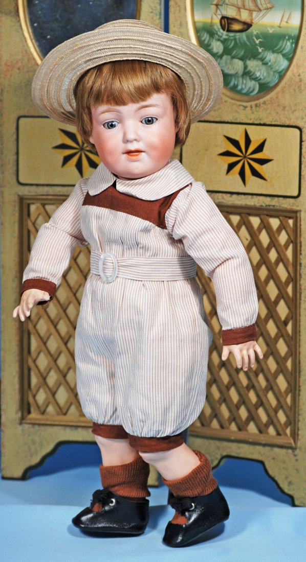 GERMAN BISQUE CHARACTER BOY, 590, BY MARSEILLE: 281-A. GERMAN BISQUE CHARACTER BOY, 590, BY MARSEILLE. Marks: 590 A 5 M, Germany DRGM. 17”. Bisque socket head, blue sleep eyes, painted lashes, short tapered brows, open closed mouth with modeled t