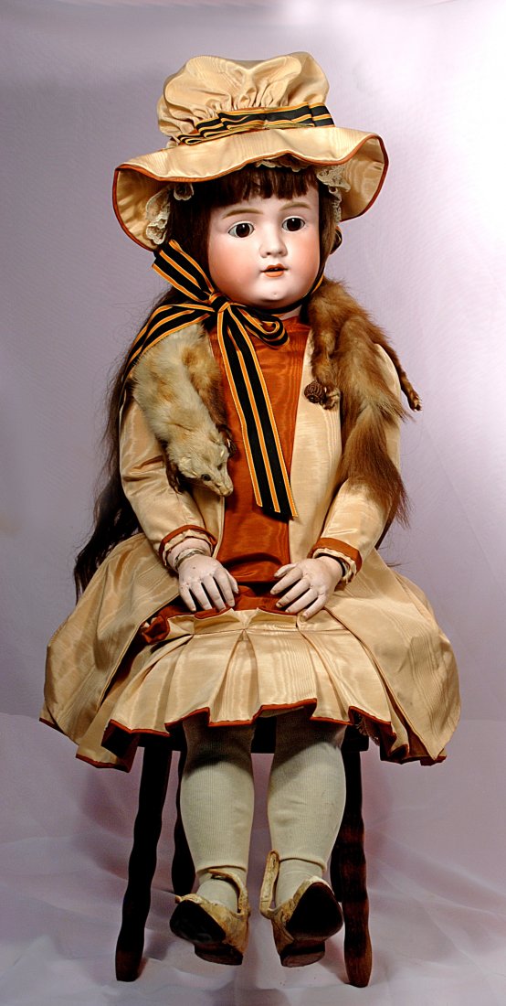 GRAND SIZE GERMAN BISQUE CHILD BY KLEY AND HAHN: 56. GRAND SIZE GERMAN BISQUE CHILD BY KLEY AND HAHN. Marks: Walkure Germany 18. 38". Bisque socket head, brown sleep eyes, painted lashes, feathered brows, open mouth, accented lips, upper teeth, brun