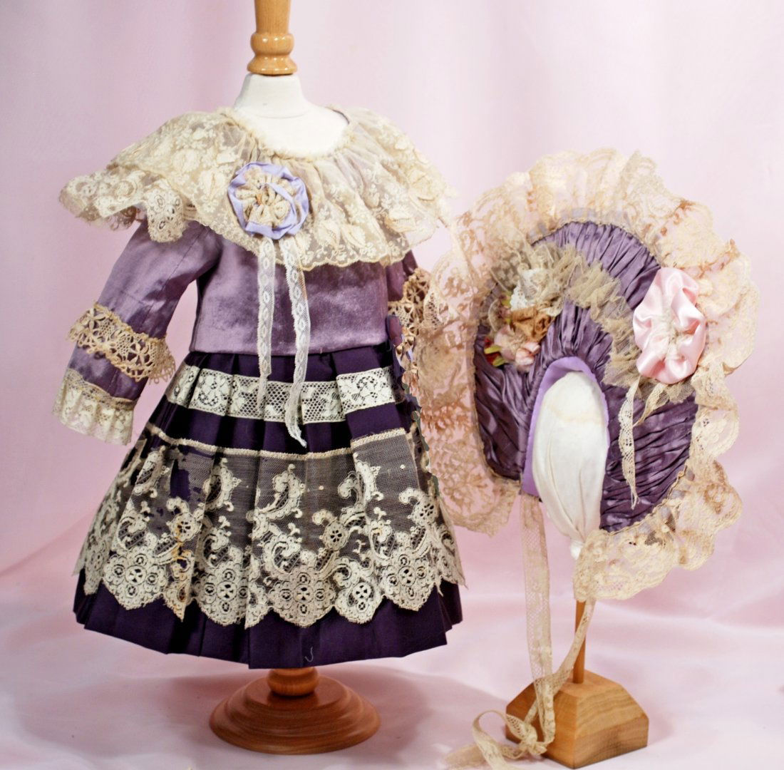 SILK & LACE DOLL DRESS WITH MATCHING BONNET (1 of 1)