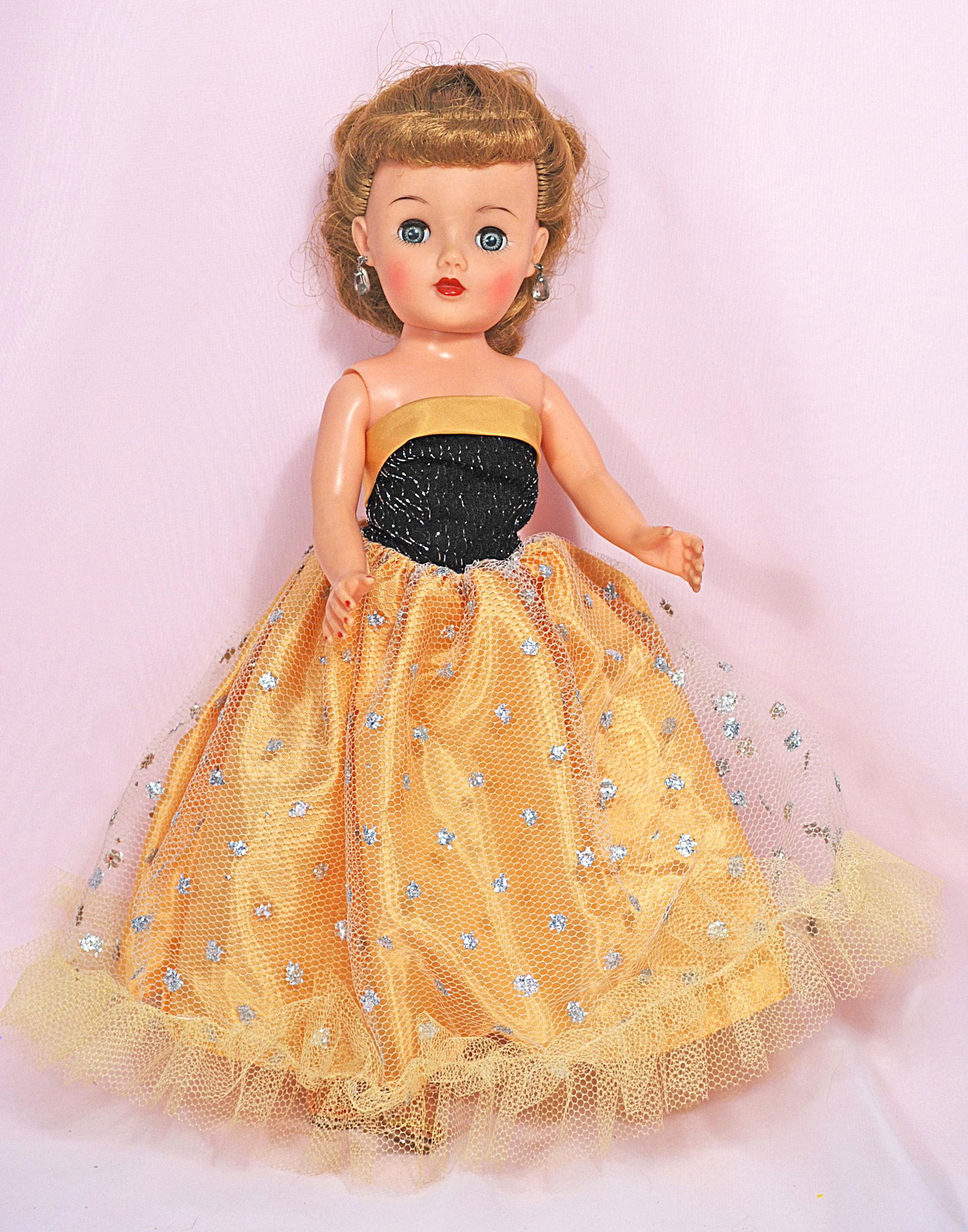 IDEAL LITTLE MISS REVLON IN STRAPLESS FORMAL: IDEAL LITTLE MISS REVLON IN STRAPLESS FORMAL. 10". Vinyl socket head, lady body with swivel waist, jointing at shoulders and hips, blue sleep eyes with molded lashes, closed mouth with cherry red lips