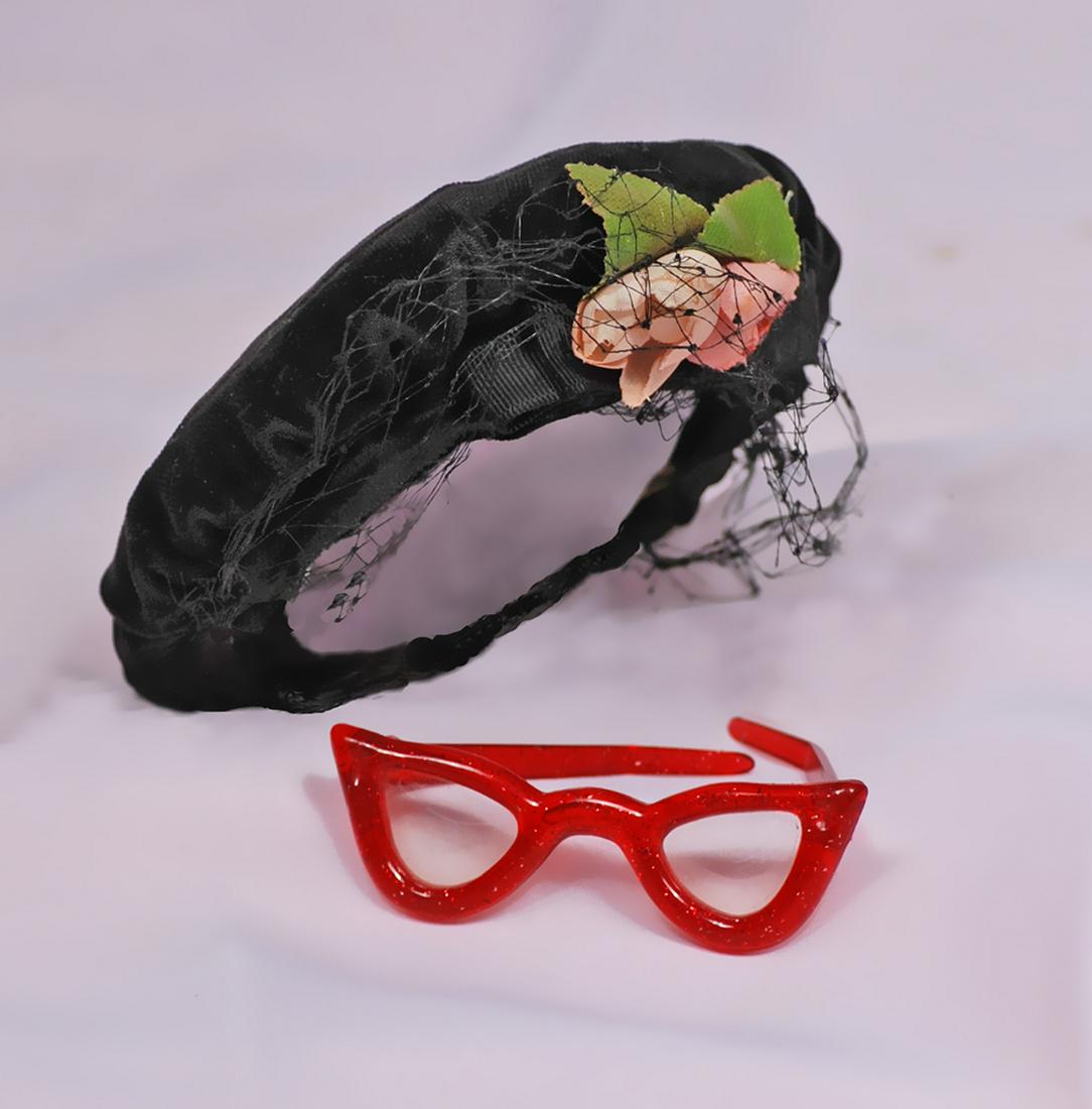 HAT AND SUNGLASSES FOR CISSY DOLLS: HAT AND SUNGLASSES FOR CISSY DOLLS. Original black velvet beret with small pink rose, circa 1955/1956; plus pair of red rimmed sunglasses.
