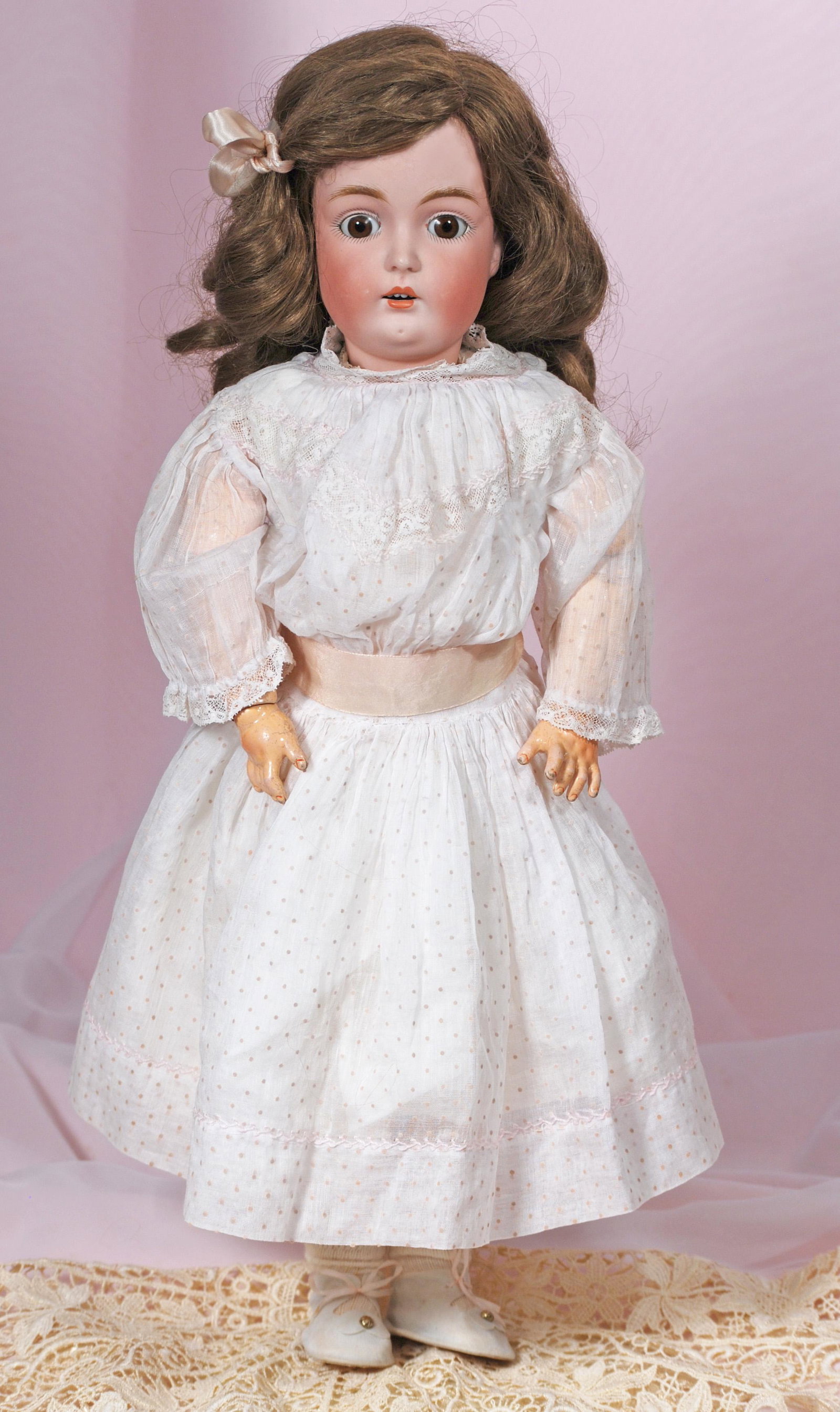 GERMAN BISQUE CHILD, 171, BY KESTNER: GERMAN BISQUE CHILD, 171, BY KESTNER. 20”. Marks: made in Germany 171. Bisque socket head, brown sleep eyes, painted lashes, feathered brows, open mouth, accented lips, upper teeth, brown human hair