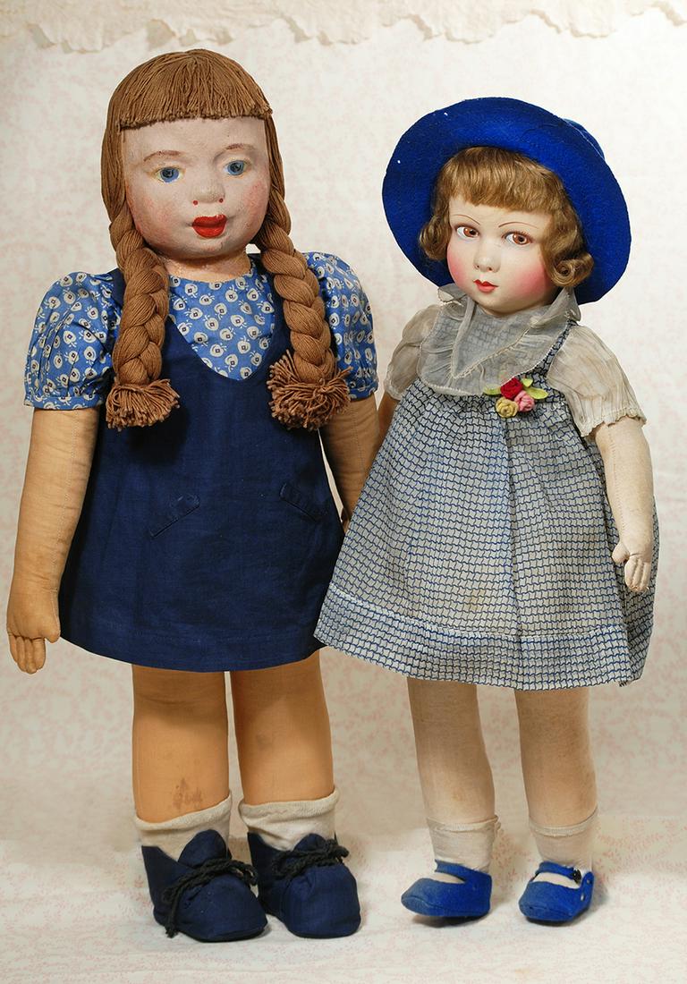 RARE AMERICAN CLOTH DOLL FROM MILWAUKEE WPA: RARE AMERICAN CLOTH DOLL FROM MILWAUKEE WPA. 22”. All-cloth doll with stockinette shaped facial features, painted blue outlined eyes with defined eyelids, rounded nose, closed mouth rosy cheeks,