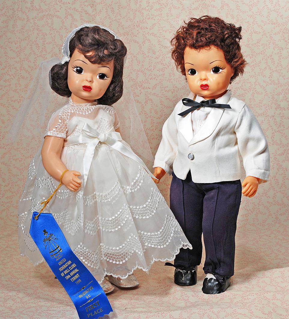 TERRI LEE HARD PLASTIC BRIDE AND GROOM: TERRI LEE HARD PLASTIC BRIDE AND GROOM. 16”. Marks: Terri Lee. Each is hard plastic socket head with five-piece jointed body, brunette wig, painted features, dark brown eyes, long curly lashes,