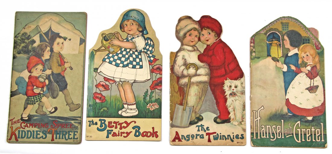 FOUR RARE ORIGINAL CHILDREN'S BOOKS, 1915-1919.: FOUR RARE ORIGINAL CHILDREN'S BOOKS, 1915-1919. Lot includes 4 colored books with drawings by Margaret Evans Price: The Camping Spree of Kiddies Three, The Betsy Fairy Book, The Angora Twinnies, Hanse