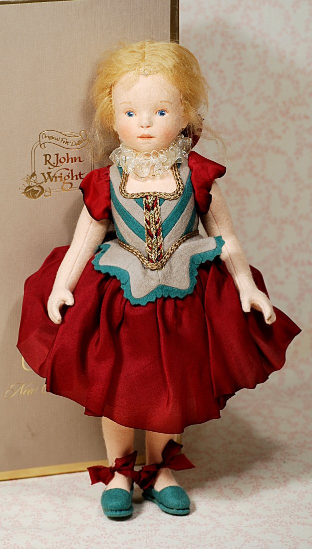 R. JOHN WRIGHT "MUSETTE" CANDY CONTAINER: 266.R. JOHN WRIGHT "MUSETTE" CANDY CONTAINER EXCLUSIVE EDITION. 12". All-felt, fully-jointed, painted features, blue eyes, closed mouth, blonde mohair wig, felt and silk costume, felt shoes with silk