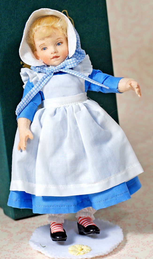 R. JOHN WRIGHT TASHA TUDOR -SYLVIE ANN.: 285. R.JOHN WRIGHT TASHA TUDOR -SYLVIE ANN. 8 1/2". All felt, fully jointed with painted features, mohair wig, vintage-style cotton dress and pinafore, bonnet, striped stockings, cobbled leather shoes