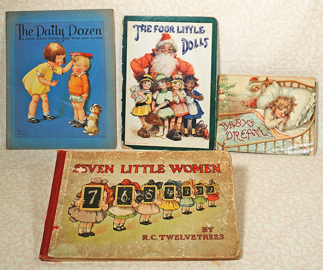 FOUR ANTIQUE CHILDREN'S STORY BOOKS: 308. FOUR ANTIQUE CHILDREN’S STORY BOOKS. The Four Little Dolls by Frances Brundage, Saalfield Publising; Baby’s Dream by Raphael Tuck & Sons with handwritten note “Hazel M. Johnson Dec. 25, 189
