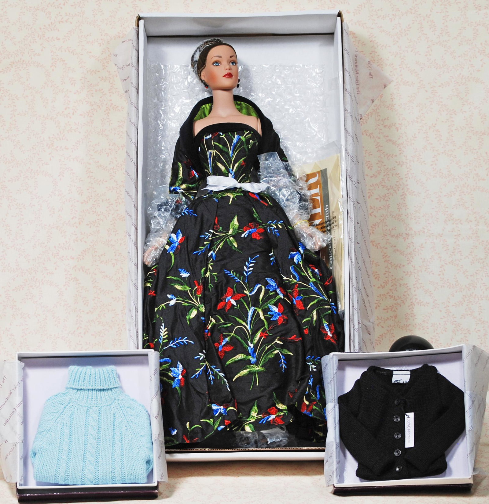 TYLER WENTWORTH DOLL & TWO ACCESSORY ITEMS.: TYLER WENTWORTH DOLL & TWO ACCESSORY ITEMS. Doll in Midnight Garden outfit, plus Fashion Sweater and Powder Blue Pullover Sweater. All mint-in-box.