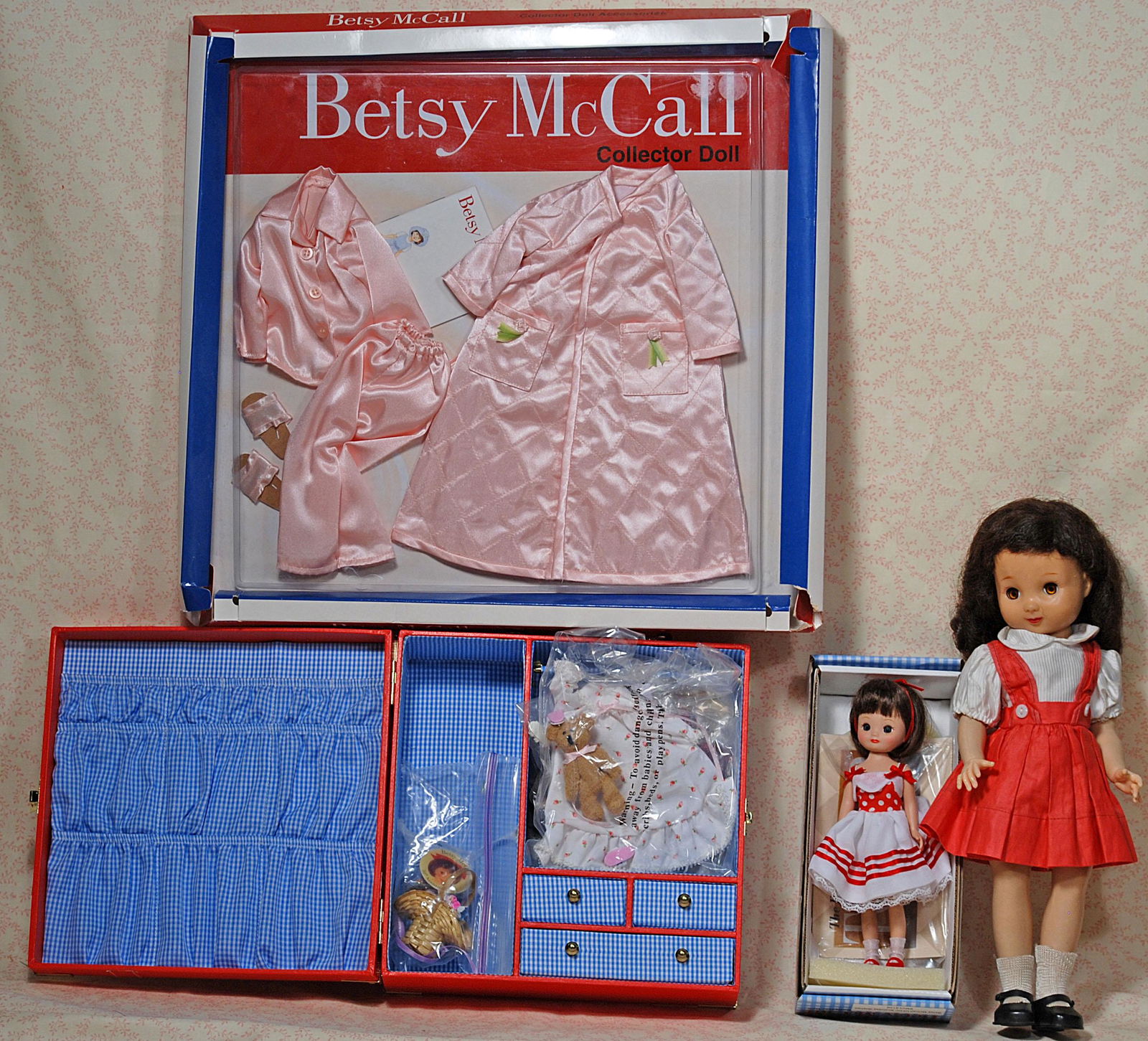 BETSY MC CALL DOLL ASSORTMENT.: BETSY MC CALL DOLL ASSORTMENT. Includes: Robert Tonner 8" Betsy McCall UFDC Birthday Wishes doll; trunk set; Vintage 14" vinyl Betsy McCall in original dress; Collector outfit "Sleepy Time" in origina