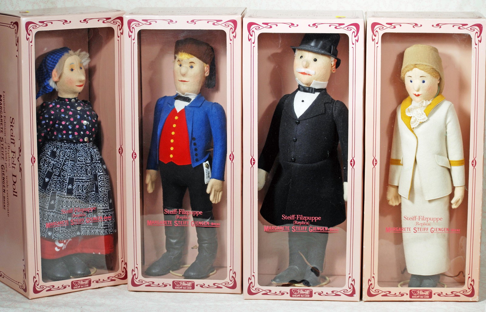 FOUR STEIFF LIMITED EDITION COLLECTOR DOLLS.: FOUR STEIFF LIMITED EDITION COLLECTOR DOLLS. 1987/88 Felt replica dolls, all-original in box.