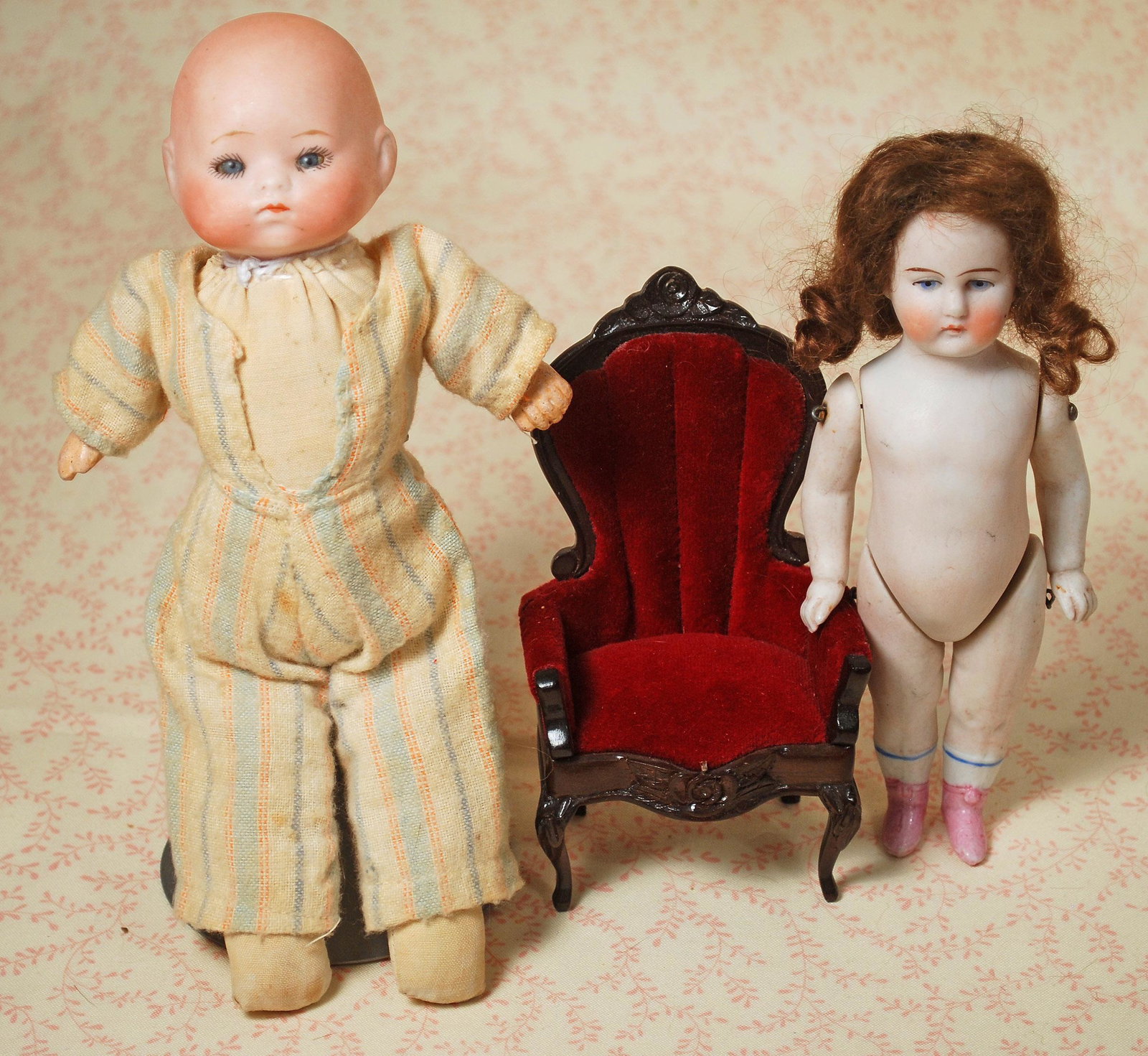 GERMAN ALL-BISQUE DOLL & BISQUE INFANT.: GERMAN ALL-BISQUE DOLL & BISQUE INFANT. All-bisque 6" doll, jointed shoulders and hips, painted features, painted pink boots, mohair wig; 8 1/2" bisque infant marked Germany, solid-dome head, flange n