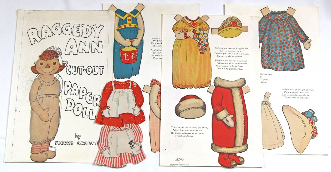 ANDY GRUELLE UNCUT RAGGEDY ANN & HER LITTLE BROTHER: ANDY GRUELLE UNCUT RAGGEDY ANN AND HER LITTLE BROTHER ANDY. 11 1/2" h. paper dolls: Raggedy Ann and her little brother Andy, each with 6 uncut outfits (plus 2 bonus cut dresses for Ann). Published by 