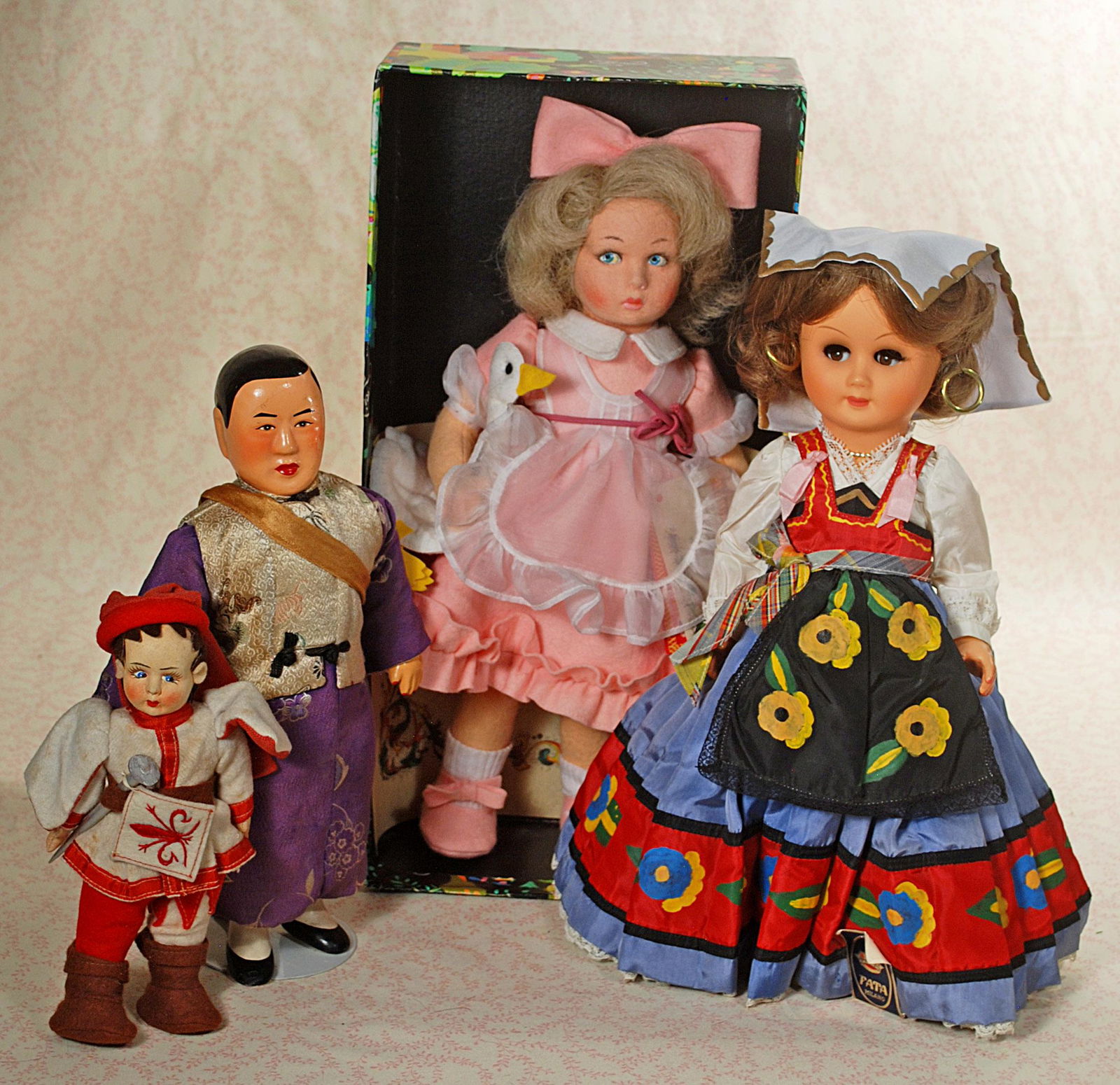 ASSORTED DOLLS.: ASSORTED DOLLS. Includes: Lenci 1983 Aurelia with white felt goose, in box without lid; 8" felt Lenci type character, all-original; 12" composition Chinese doll in silk costume; 14" Italian hard plast