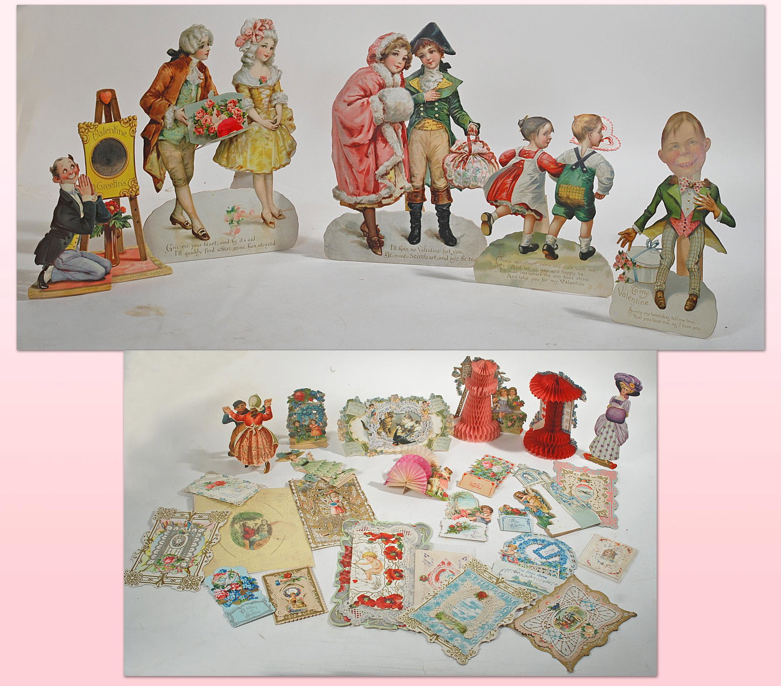 FIVE RAPHAEL TUCK STAND-UP VALENTINES & 30 ASSORTED: FIVE RAPHAEL TUCK STAND-UP VALENTINES & 30 ASSORTED ANTIQUE VALENTINES. Embossed, die-cup and honeycomb examples, good to very good condition.