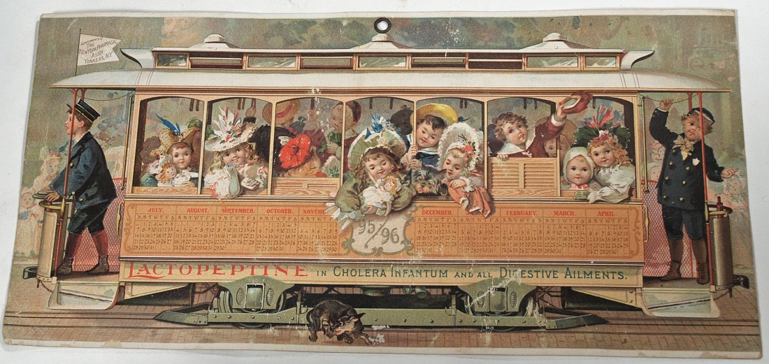 1895/96 CALENDAR WITH CHILDREN AND DOLLS.: 141. 1895/96 CALENDAR WITH CHILDREN AND DOLLS. Litho advertising calendar for Lactopeptine by New York Pharmacal Assn. 13 1/4" x 6 1/2". Commentary: Light wear.