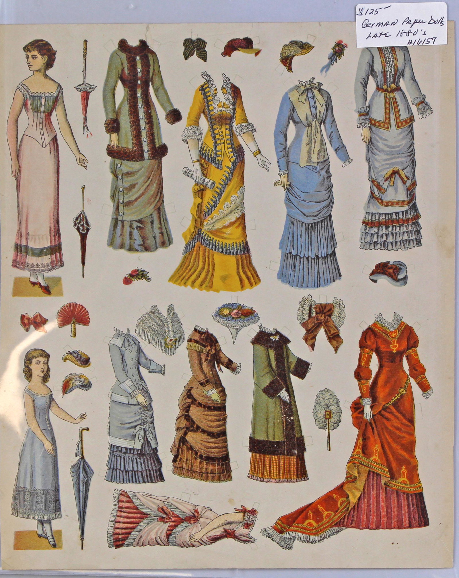 GERMAN LATE 1800s PRINT, UNCUT PAPER DOLLS: GERMAN LATE 1800s PRINT, UNCUT PAPER DOLLS. One page 7 1/2" x 9". Page has two dolls (3 1/2" and 4 1/4"), each doll has several beautiful colored outfits. Commentary: unmarked print in very good condi