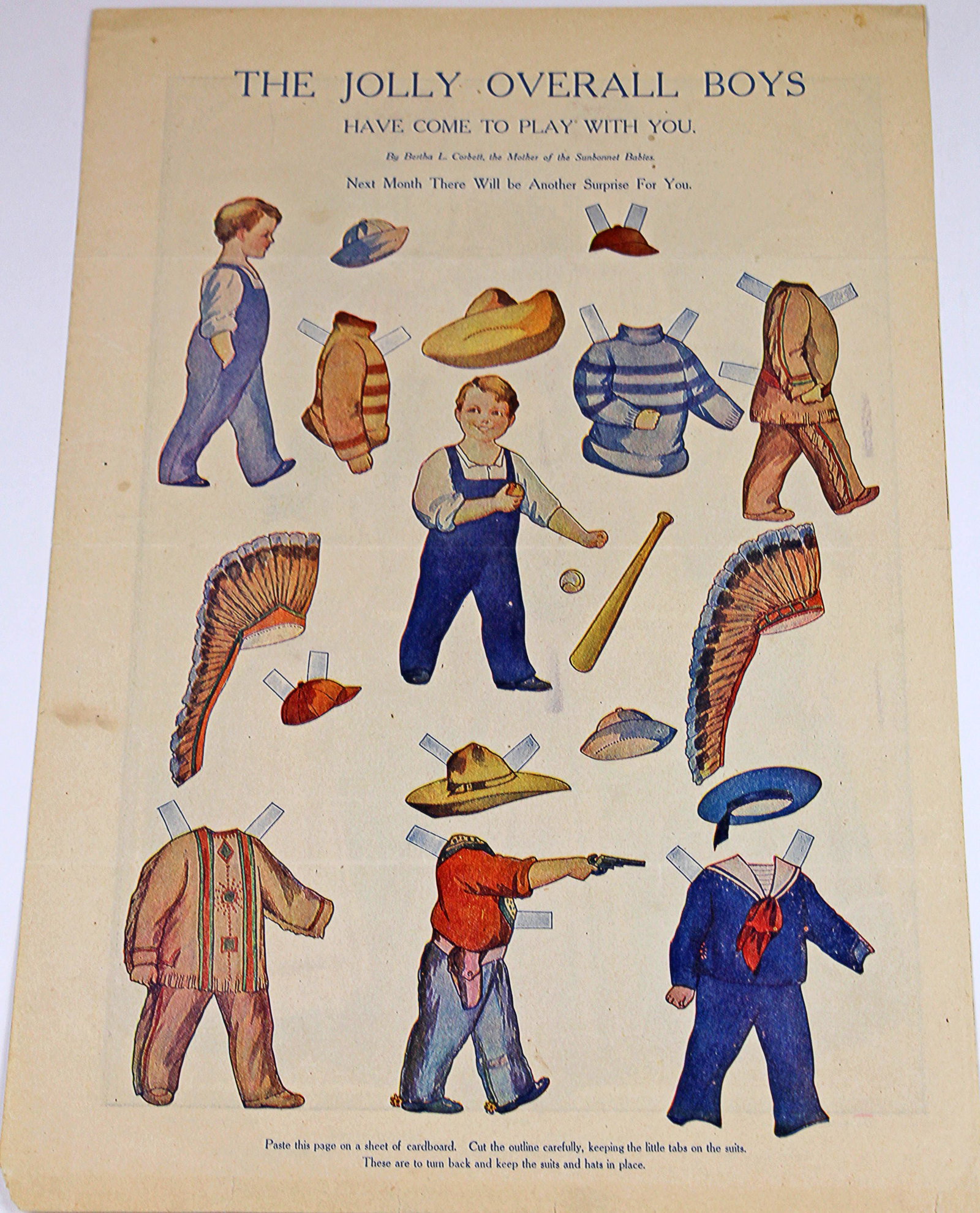 SEVEN UNCUT PAGES OF SUNBONNET BABIES BY BERTHA: SEVEN UNCUT PAGES OF SUNBONNET BABIES BY BERTHA CORBETT, LATE 1800s. 16" x 10 3/4". Includes: The Jolly overall boys have come to play with you, Overall boys camping out, The Jolly overall boys are wi