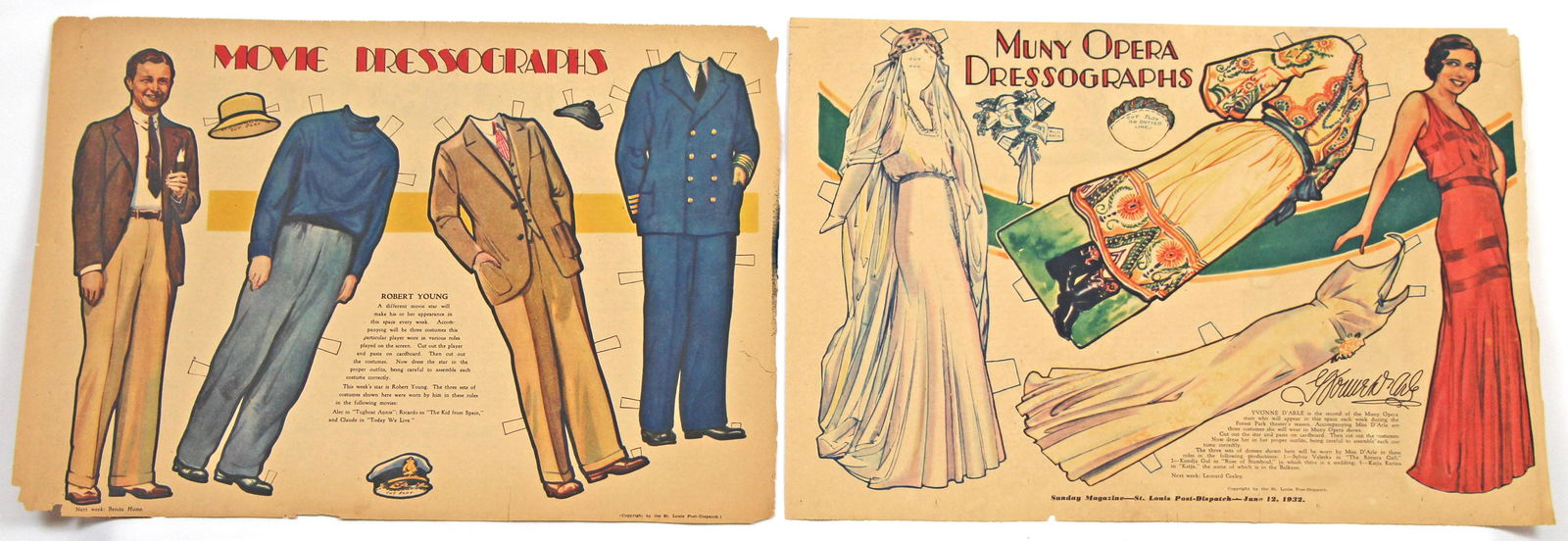 1930s ACTORS AS PAPER DOLLS, ORIGINAL PRINTS FROM: 1930s ACTORS AS PAPER DOLLS, ORIGINAL PRINTS FROM POST-DISPATCH SUNDAY MAGAZINE. Four 15" x 11" uncut sheets of Movie Dressographs including: Robert Young, Shirley Temple, Yvonne D’Arle, and Tallula