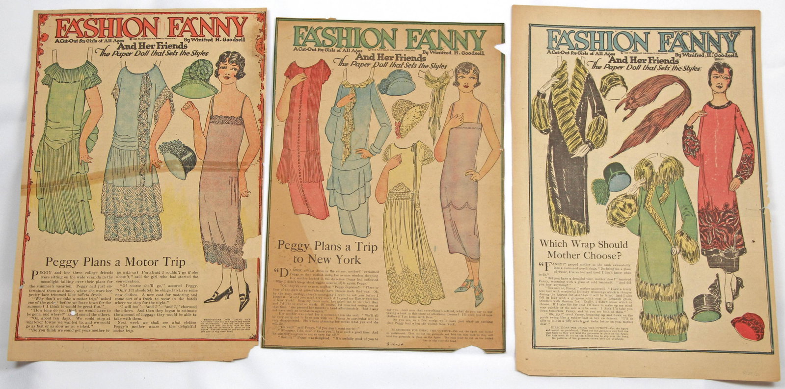 LOT OF 9 UNCUT FASHION FANNY PAPER DOLLS: LOT OF 9 UNCUT FASHION FANNY PAPER DOLLS. 15 3/4" x 10 1/2" magazine sheets of "Fashion Fanny and Her Friends, The Paper Doll that Sets the Style" drawn by Winifred H. Goodsell. Includes: Peggy Plans 