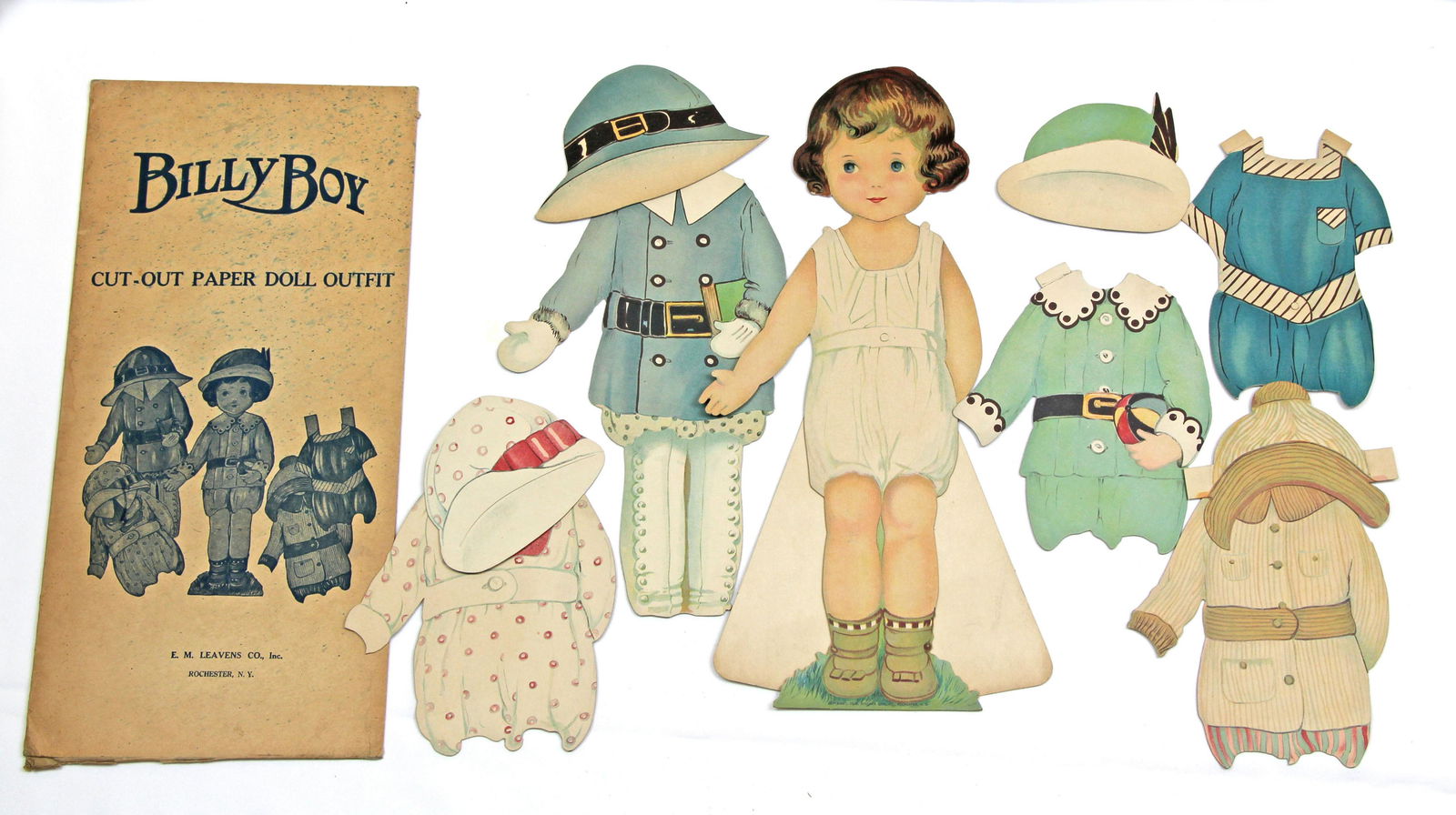 SET OF 4 MARGARET EVANS PRICE PAPER DOLLS, 1915: SET OF 4 MARGARET EVANS PRICE PAPER DOLLS, 1915. 17 1/2" Billy Boy doll with envelope, six costumes and hats, 16 1/4" Dolly Dimples with four costumes and hats, 16 1/2" Polly Dolly with two costumes a