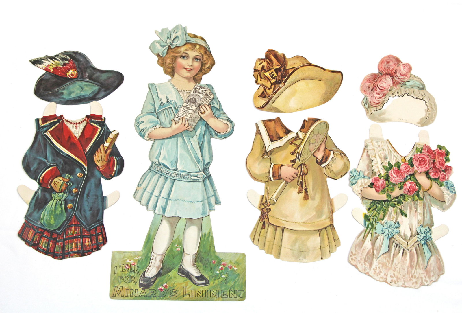 TWO PAPER DOLLS ADVERTISEMENT FOR MINARDS LINIMENT,: TWO PAPER DOLLS ADVERTISEMENT FOR MINARDS LINIMENT, 1914. 20" paper dolls Betty and Olive, each with three extra costumes and hats. Advertisements information printed on back of dolls. Published by O.