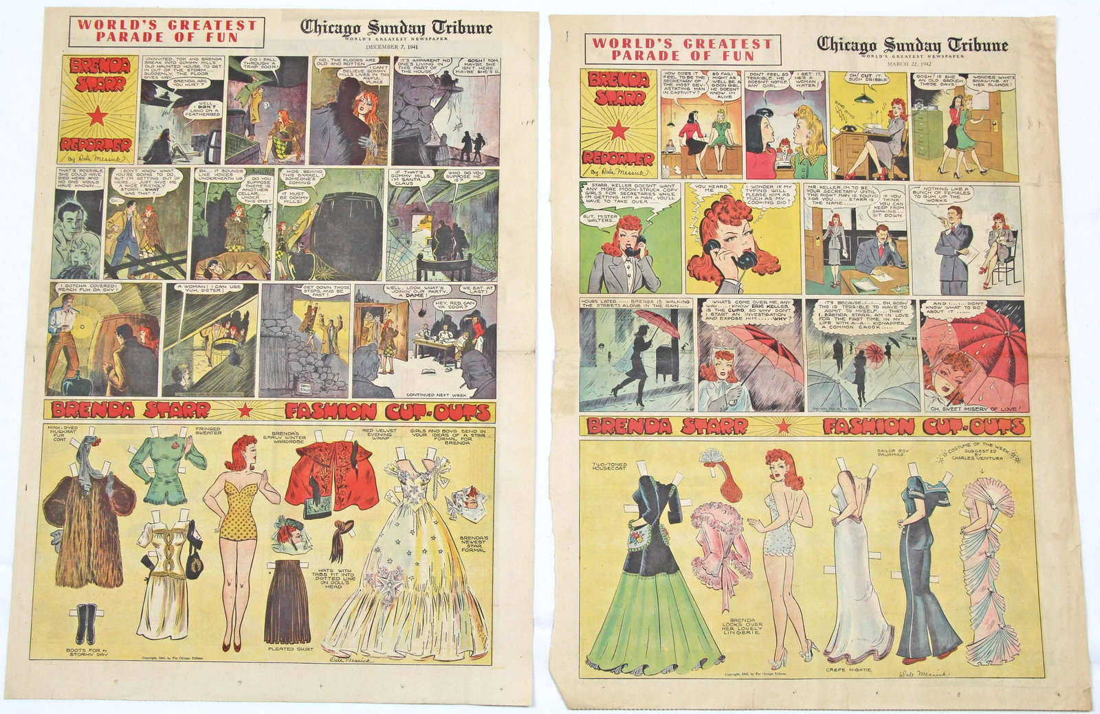 LOT OF 22 NEWSPAPER SHEETS OF "BRENDA STARR" UNCUT: LOT OF 22 NEWSPAPER SHEETS OF "BRENDA STARR" UNCUT PAPER DOLL. Sixteen sheets are approx. 16" x 10", five sheets are large 21" x 15 1/2" and one large sheet has been cut into 3 smaller sections. Brend