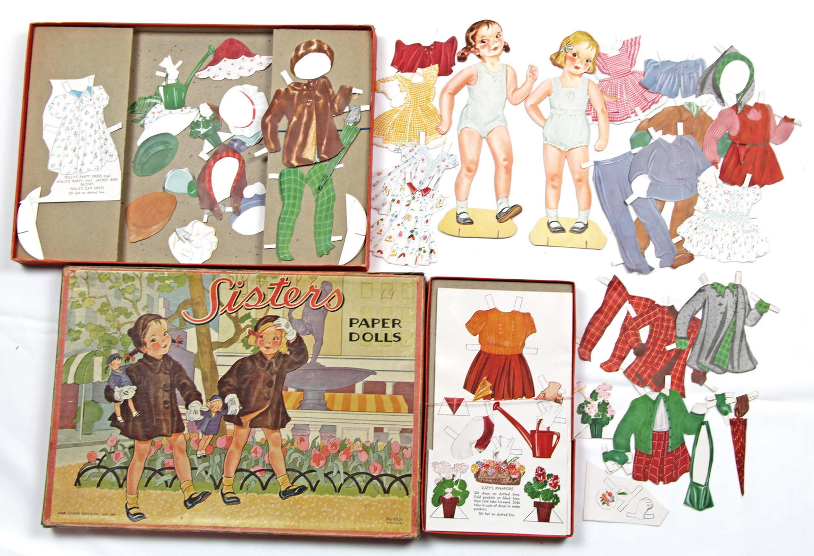 SISTERS BY GABRIEL AND "MISS DOLLY" PAPER DOLLS, EARLY: "SISTERS" BY GABRIEL AND "MISS DOLLY" PAPER DOLLS, EARLY 1900s. "Sisters" boxed paper dolls, has two 10" dolls Polly and Suzy, each with multiple front and back costumers, Samuel Gabriel, 1940s. The s