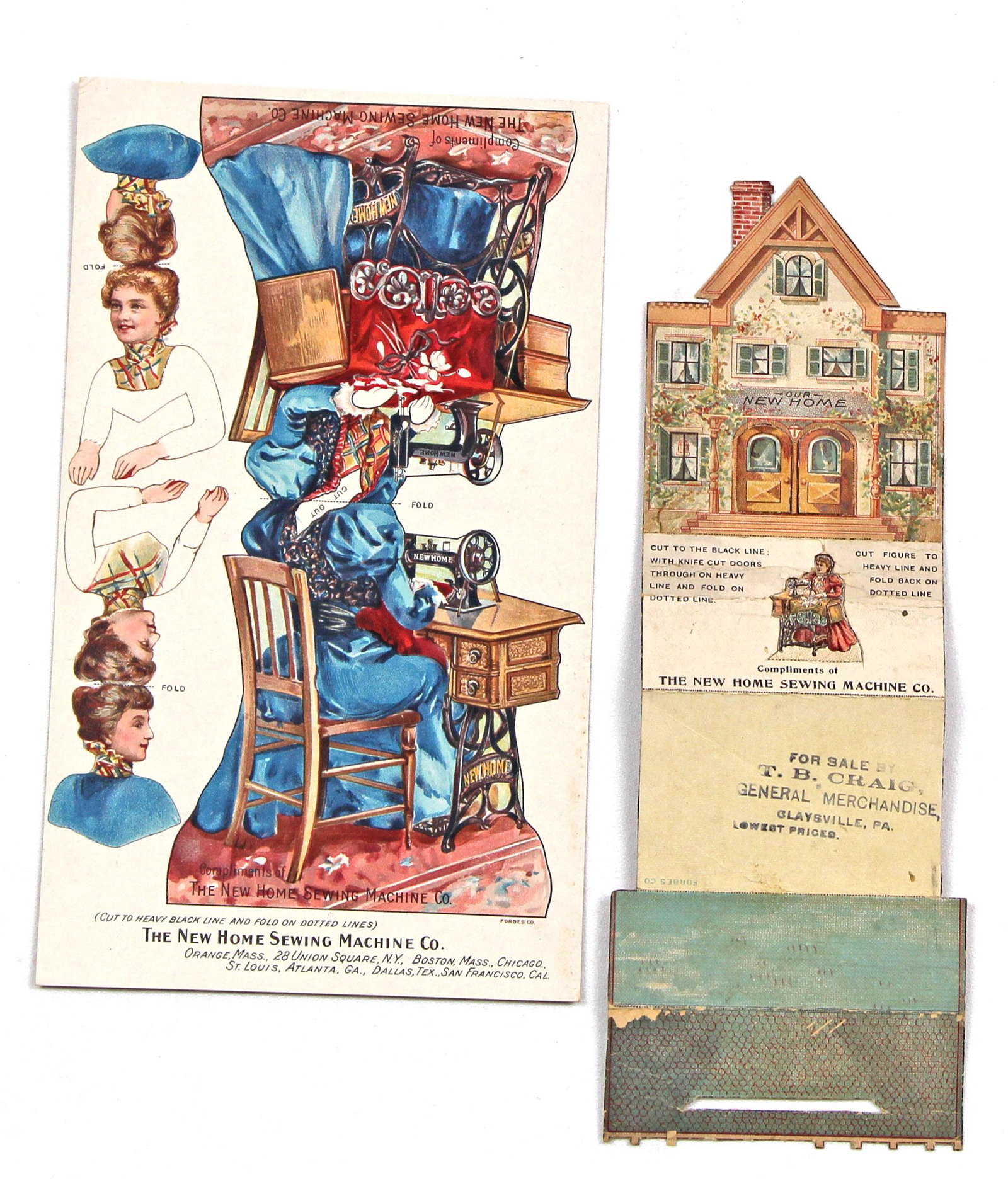 THREE EARLY ADVERTISING PAPER DOLLS: THREE EARLY ADVERTISING PAPER DOLLS. Includes one uncut 8 1/2" x 5" sheet with sewing machine cut out and paper doll head and already cut sewing machine and house, compliments of "The new home sewing 